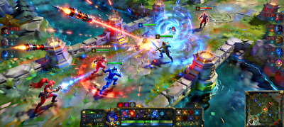 电竞比赛直播画面，英雄联盟游戏内团战场景